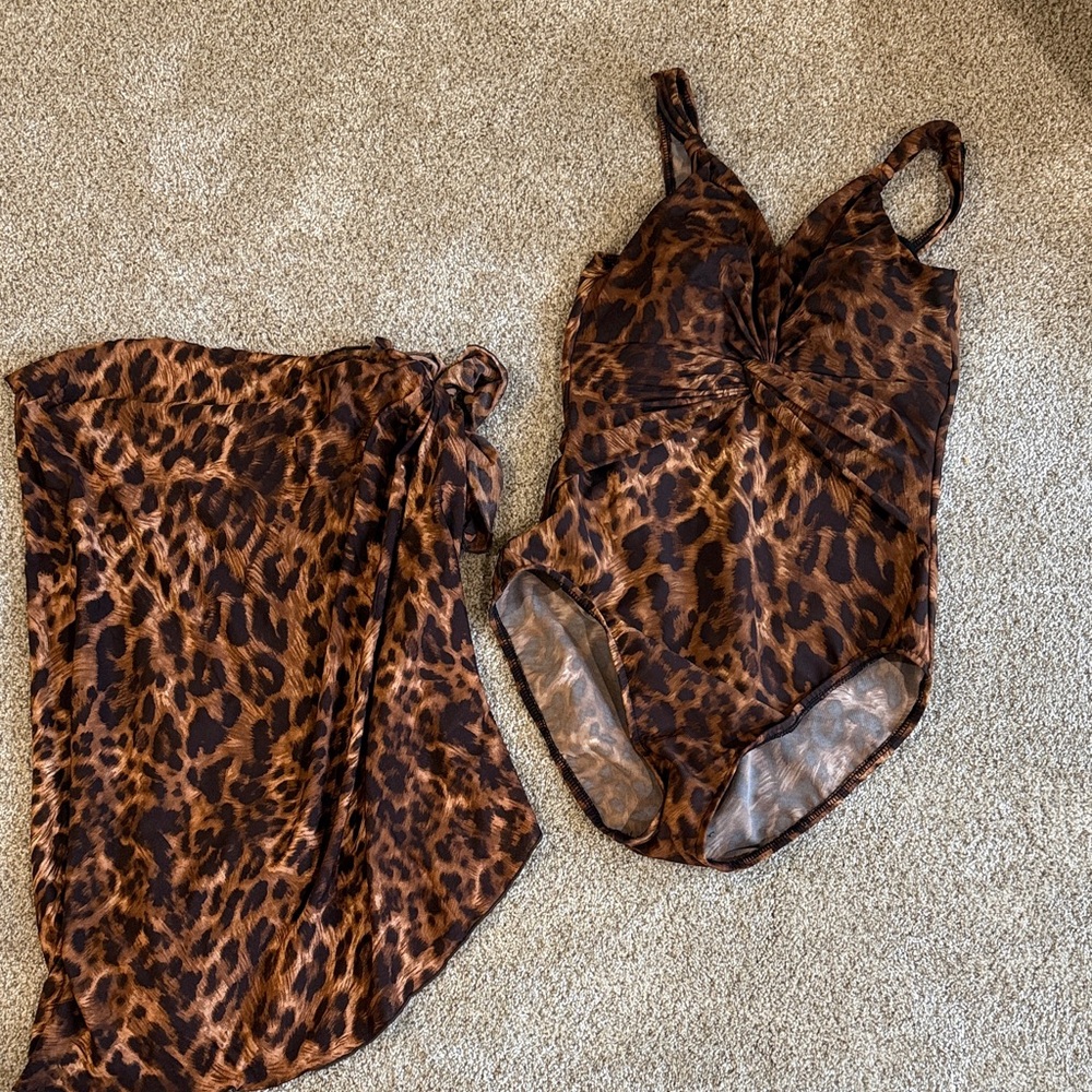 Miraclesuit Leopard Print One Piece Swimsuit and Matching Sarong